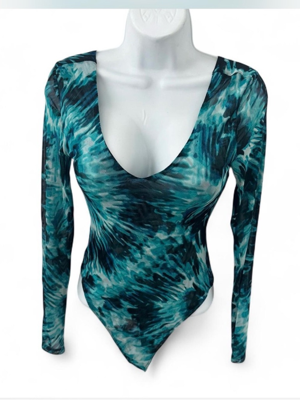 Socialite Teal and Black Tie-Dye Long Sleeve Bodysuit
